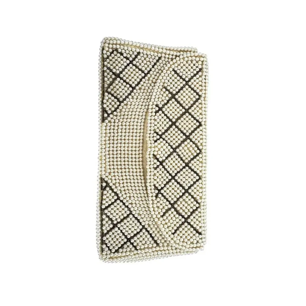 Antique White Faux Pearl Beaded Fold Over Clutch Handbag Geometric Deco